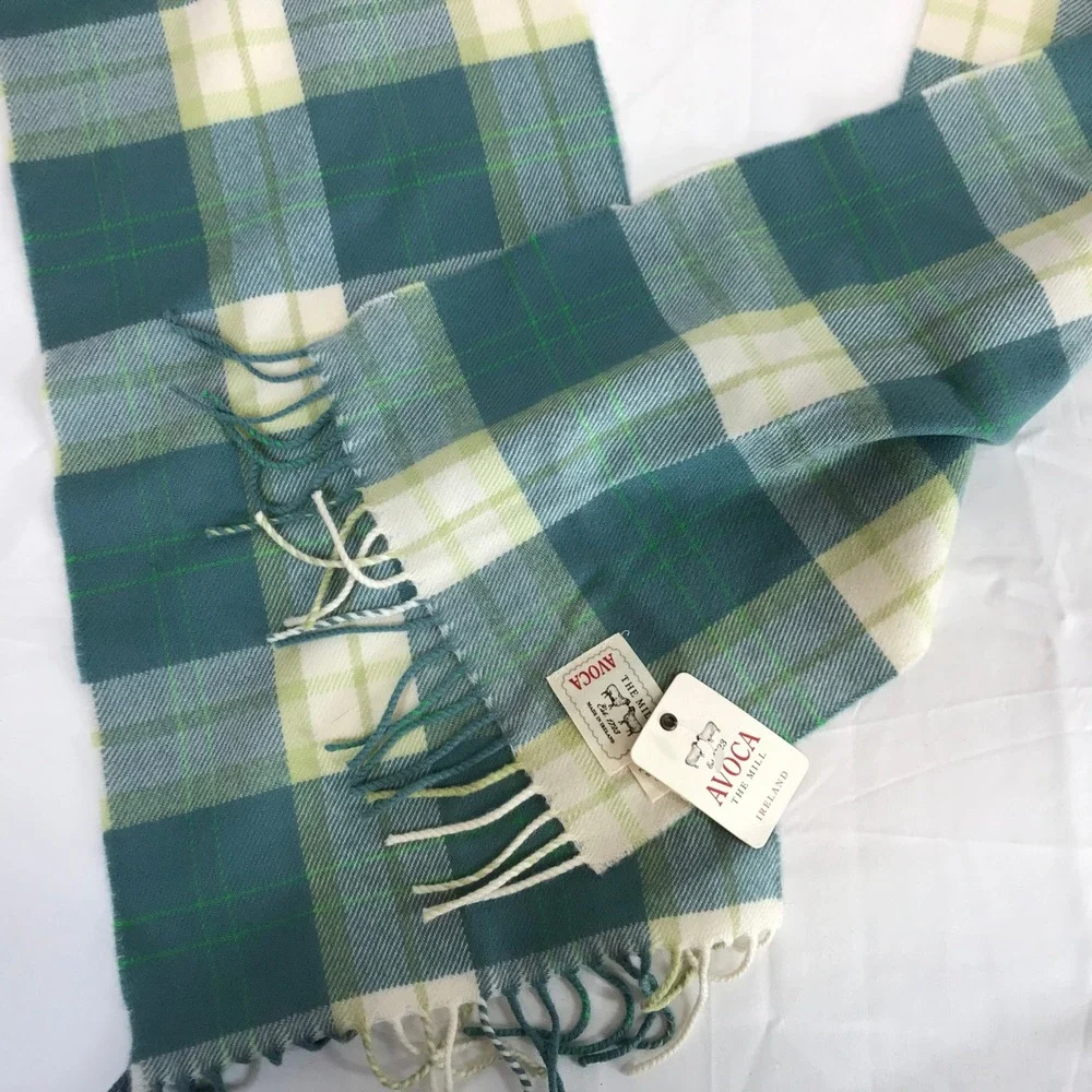 Avoca The‎ Mill Ireland Scarf 100% Pure New Wool Green Teal Plaid Fringed NWT